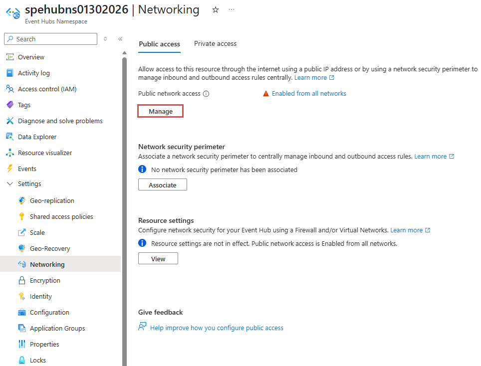 Snímek obrazovky zobrazující veřejnou přístupovou stránku se zvýrazněným tlačítkem Spravovat