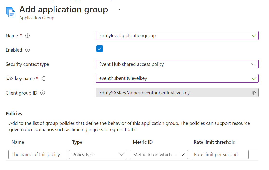 Snímek obrazovky se stránkou Přidat skupinu aplikací s vybranou možností Zásady sdíleného přístupu centra událostí