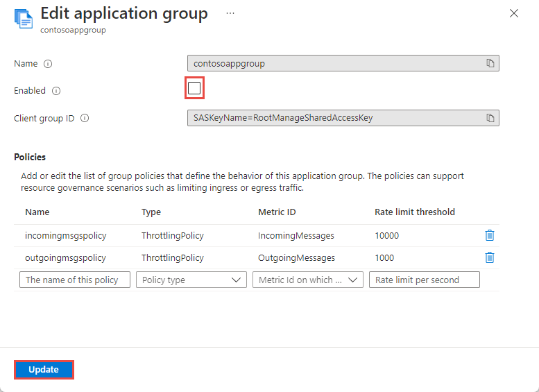 Snímek obrazovky se stránkou Upravit skupinu aplikací s vypnutou možností Povoleno