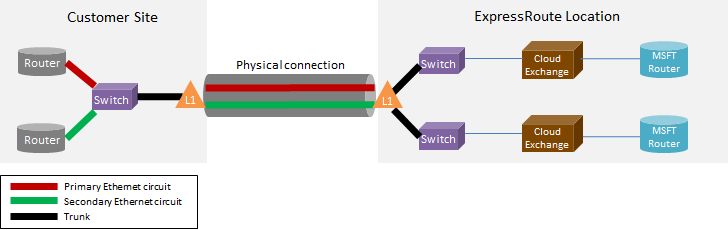 Diagram zvýrazňující primární a sekundární virtuální okruhy vrstvy 1 (L1), které tvoří fyzické připojení mezi přepínači na webu zákazníka a umístěním ExpressRoute