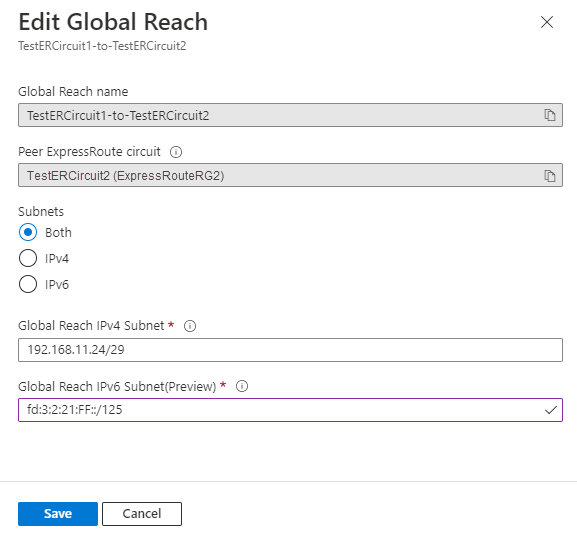 Snímek obrazovky se stránkou pro úpravu konfigurace služby Global Reach