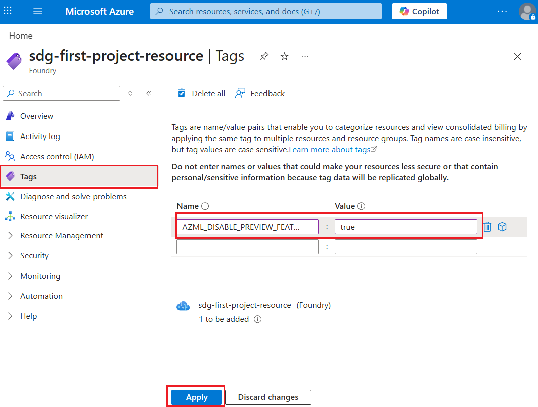 Screenshot podokna značek portálu Azure zobrazující značku AZML_DISABLE_PREVIEW_FEATURE nastavenou na true u prostředku Foundry resource.