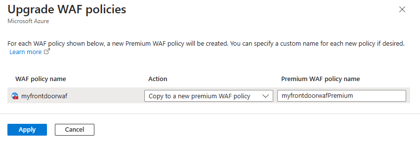 Snímek obrazovky s upgradem zásad WAF