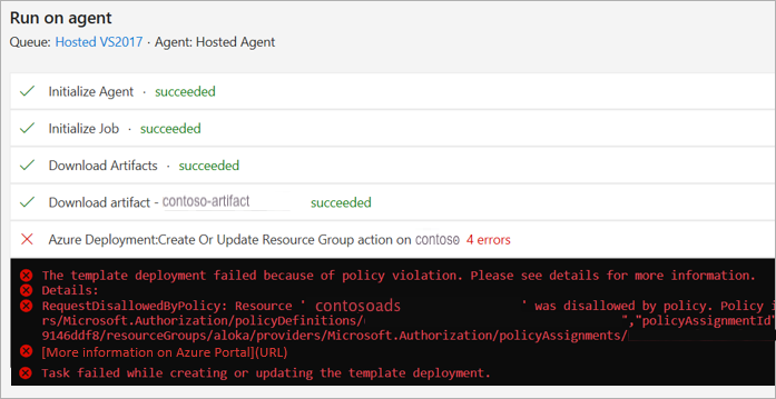 Snímek obrazovky s Azure Policy selháním v protokolu
