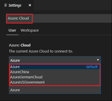 Snímek obrazovky s výběrem národního cloudu Azure pro Visual Studio Code