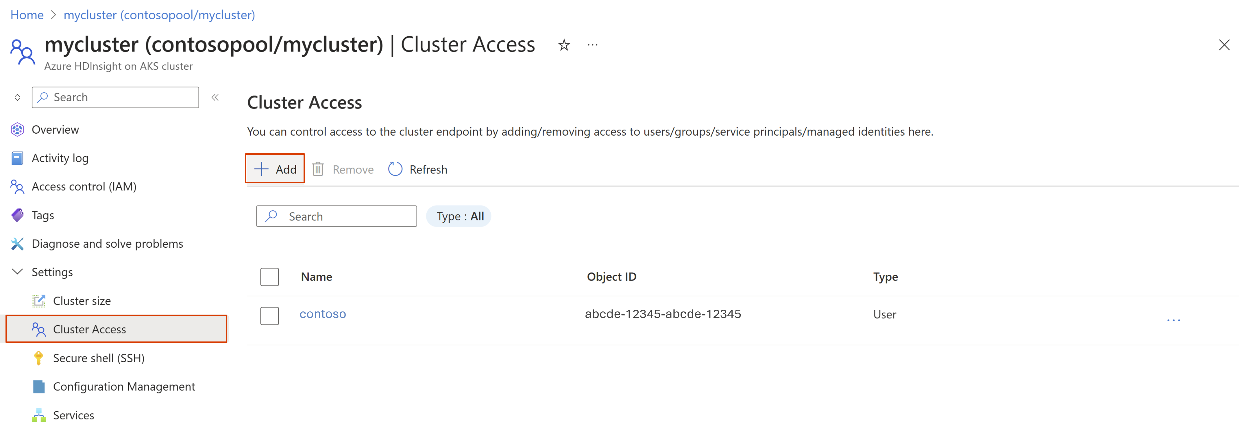 Snímek obrazovky znázorňující, jak poskytnout přístup uživateli pro přístup ke clusteru