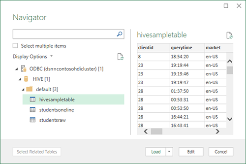 HdInsight Excel Hive ODBC navigator.