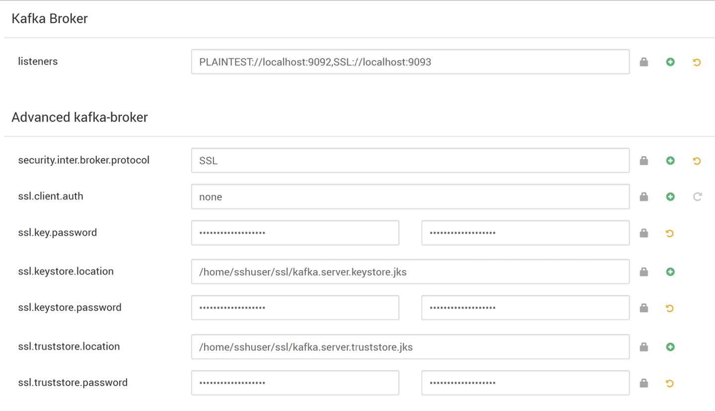 Snímek obrazovky znázorňující, jak upravit pole vlastností šablony kafka-env v Ambari pouze pro šifrování