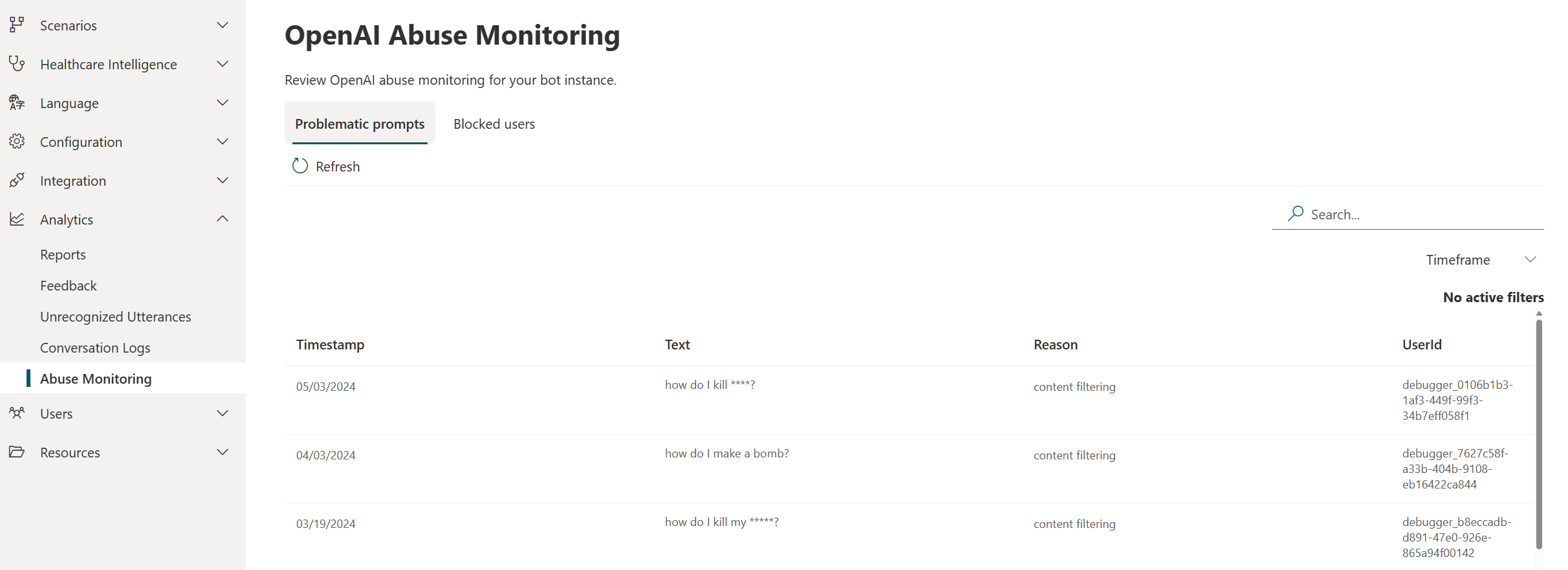 A screenshot of the abuse monitoring page