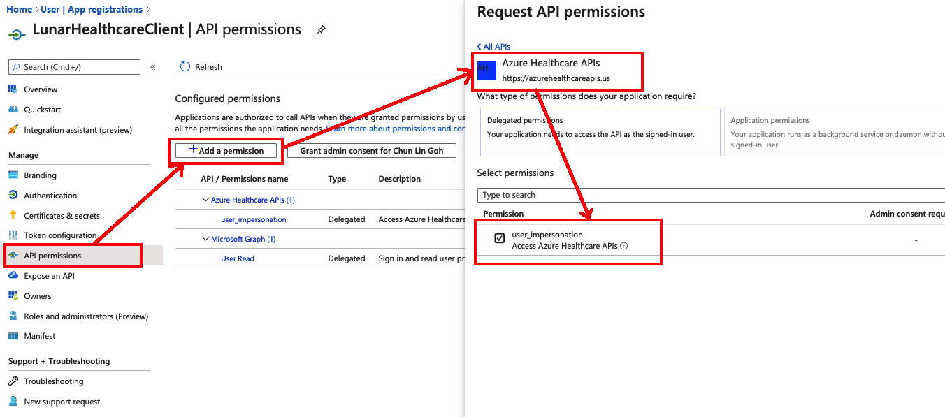 Snímek obrazovky s oknem Přidat oprávnění rozhraní API se zvýrazněnými kroky pro přidání oprávnění rozhraní API