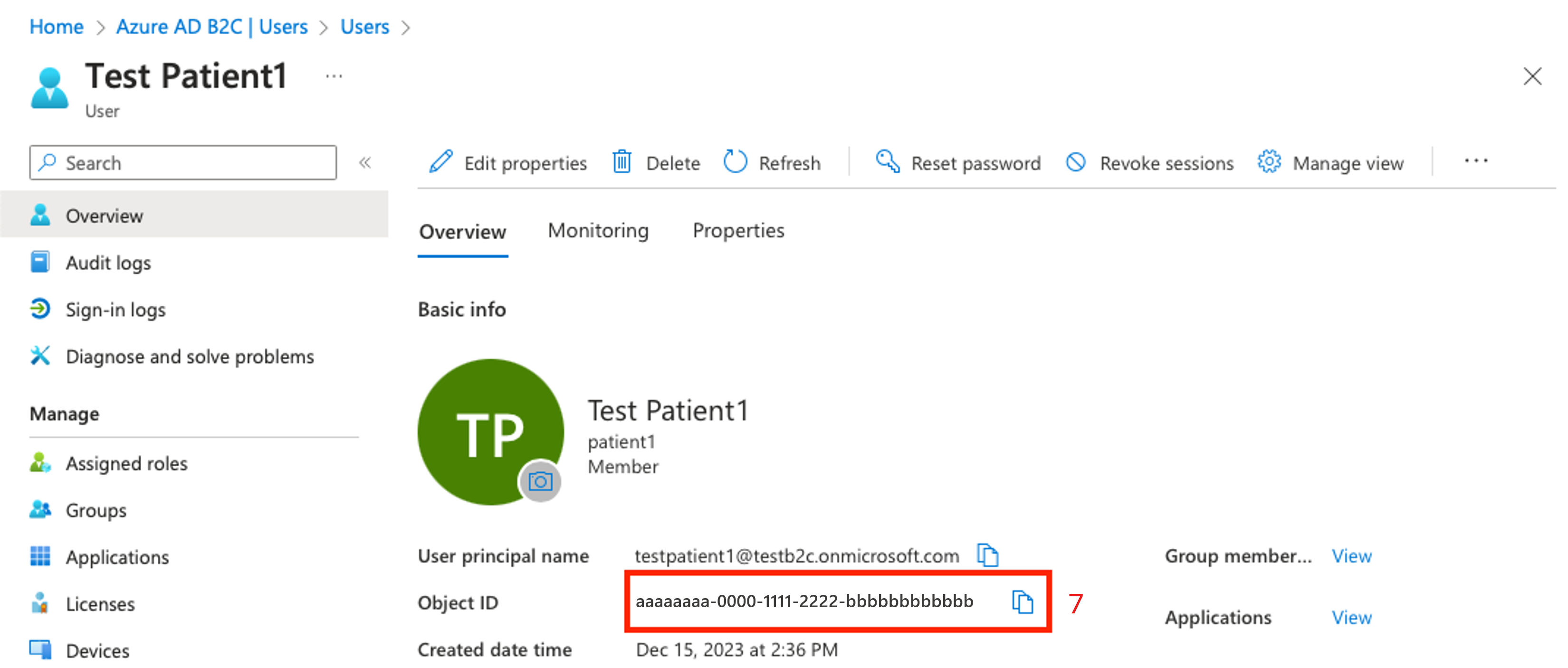 Snímek obrazovky s ID uživatele B2C