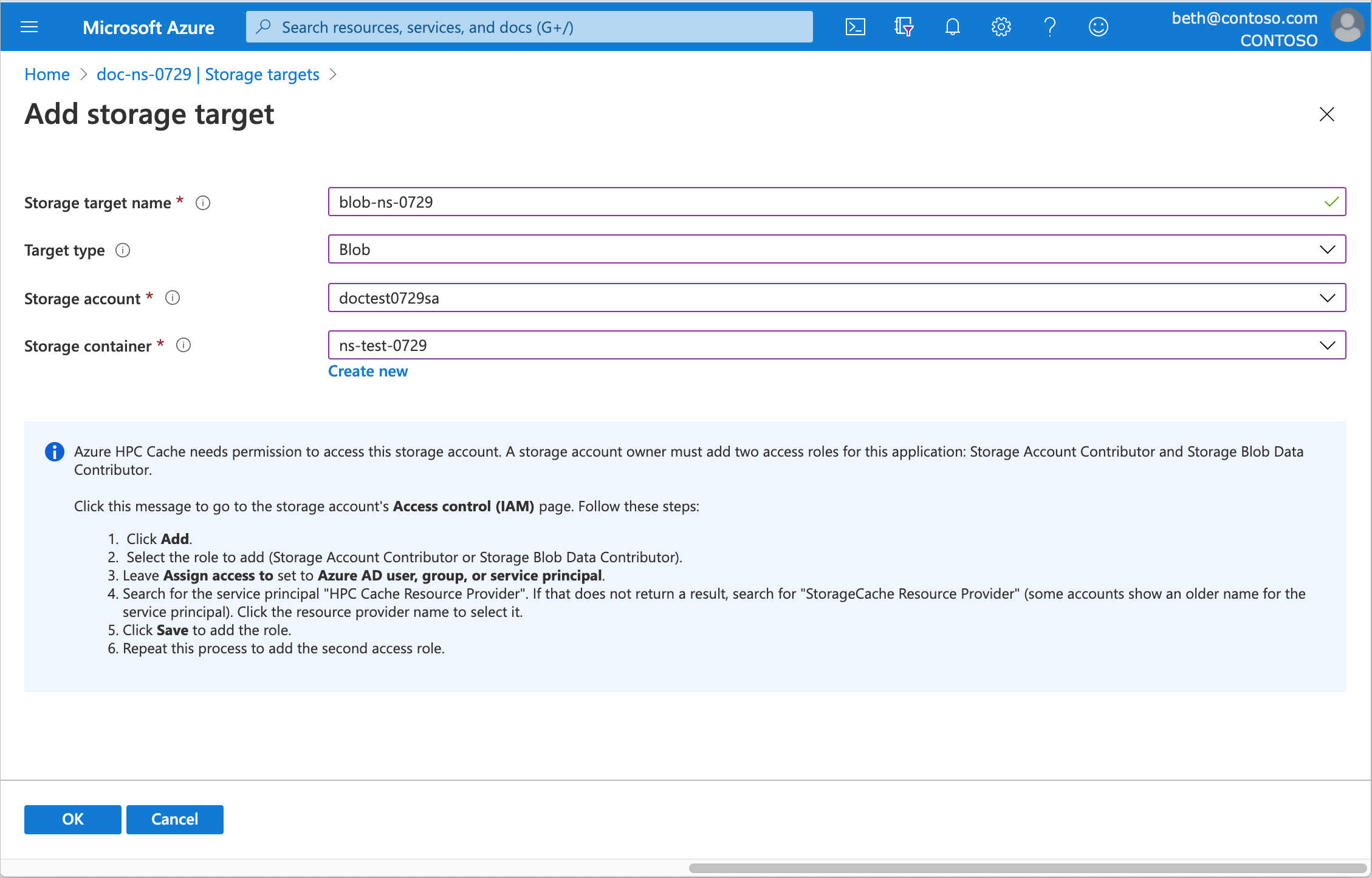screenshot of the add storage target page, populated with information for a new Azure Blob storage target