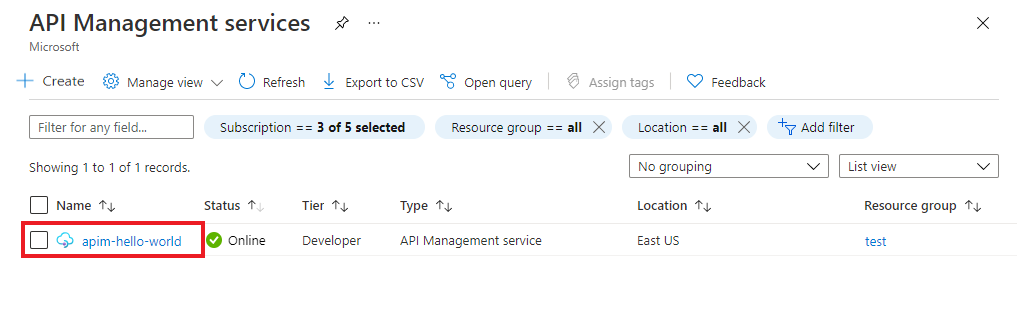 Přejít do instance Mgmt rozhraní Azure API