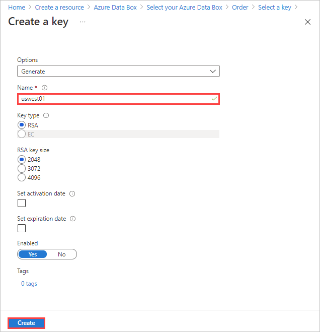 Snímek obrazovky Vytvořit klíč ve službě Azure Key Vault se zadaným názvem klíče Pole Název a tlačítko Vytvořit jsou zvýrazněné.