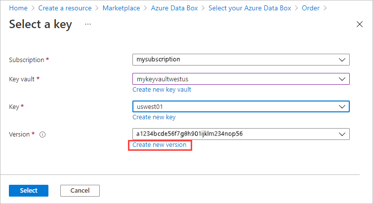 Snímek obrazovky Vytvořit klíč ve službě Azure Key Vault Odkaz Vytvořit novou verzi je zvýrazněný.