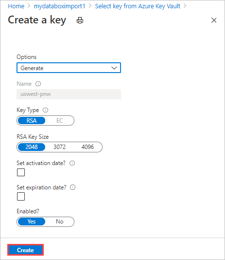 Snímek obrazovky s dialogovým oknem Vytvořit klíč ve službě Azure Key Vault s ukázkovým nastavením pole Tlačítko Vytvořit je zvýrazněné.