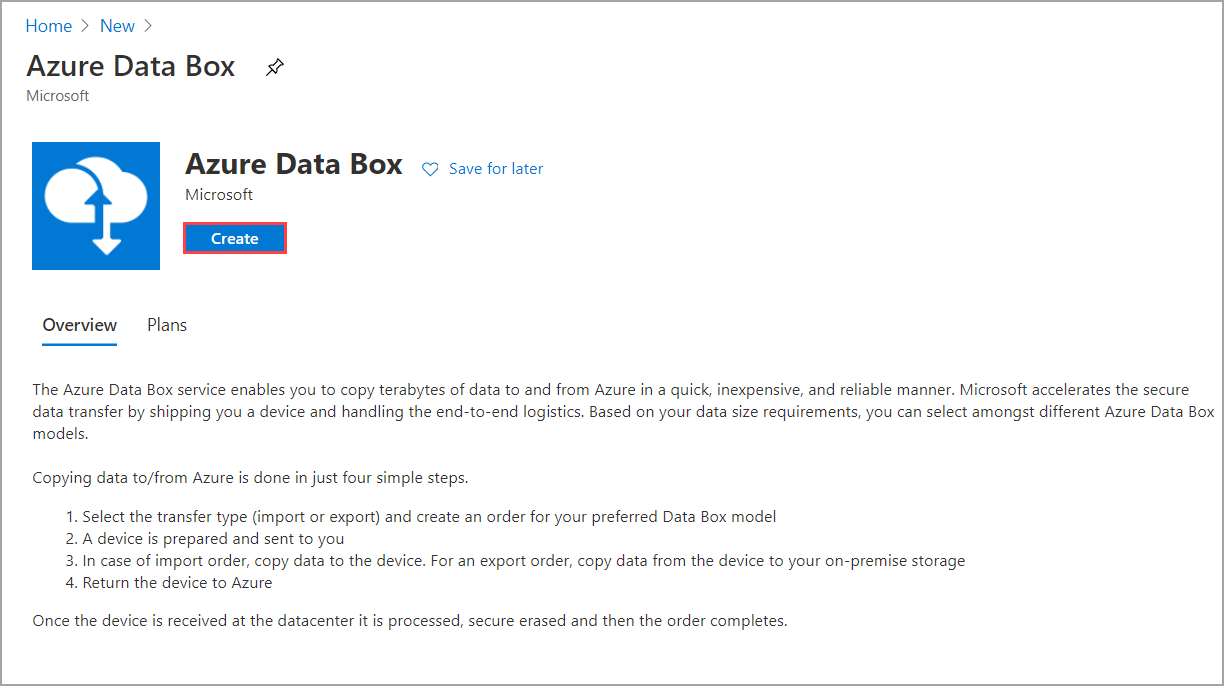 Snímek obrazovky oddílu Azure Data Box na webu Azure Portal Možnost Vytvořit je zvýrazněná.