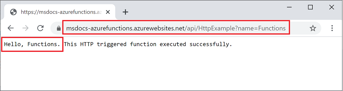 Výstup funkce spuštěné v Azure v prohlížeči