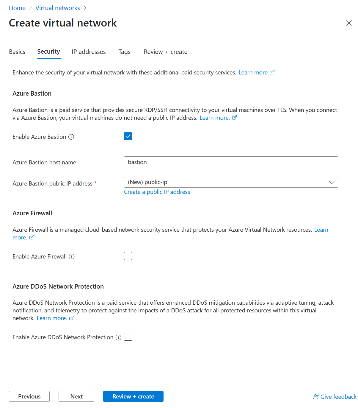 Screenshot of options for enabling an Azure Bastion host as part of creating a virtual network in the Azure portal.