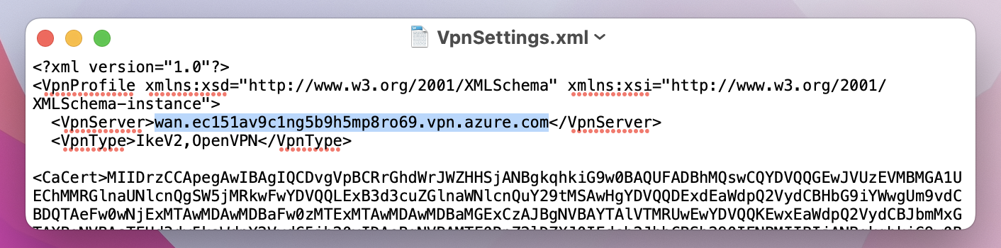 Snímek obrazovky ukazuje otevřený soubor VpnSettings.xml se zvýrazněnou značkou VpnServer.