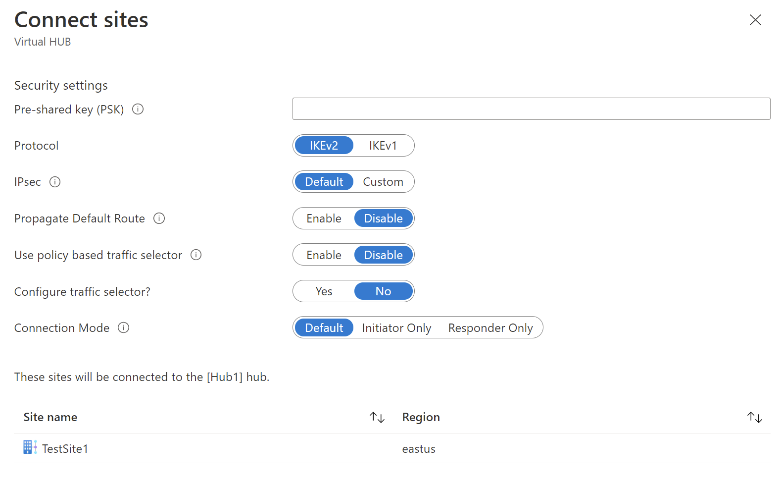 Screenshot that shows the Connected Sites pane for Virtual HUB ready for a Pre-shared key and associated settings. 
