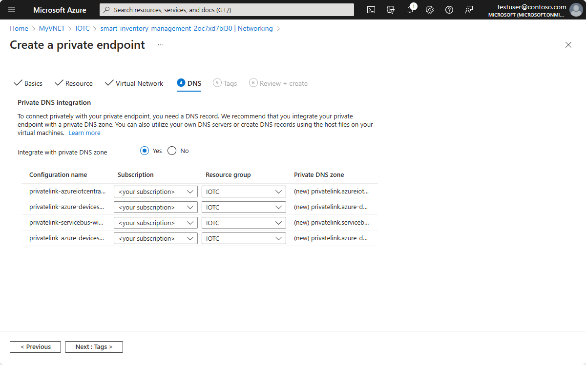 Snímek obrazovky z Azure Portal znázorňující integraci privátního DNS