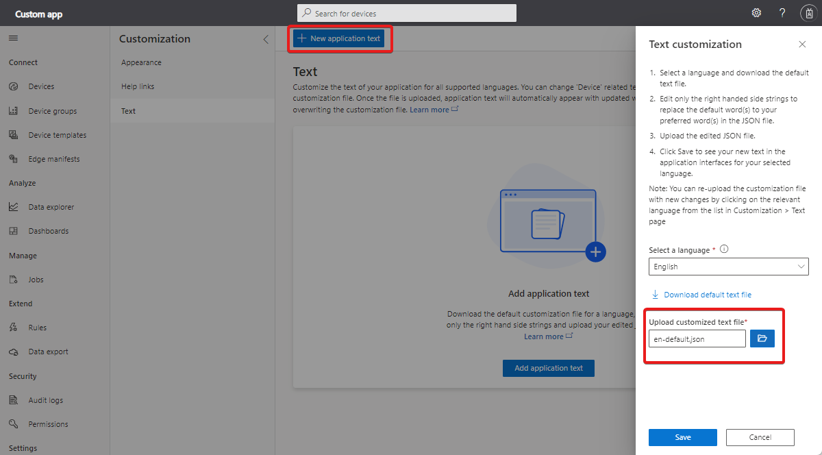 Snímek obrazovky znázorňující, jak nahrát vlastní textový soubor