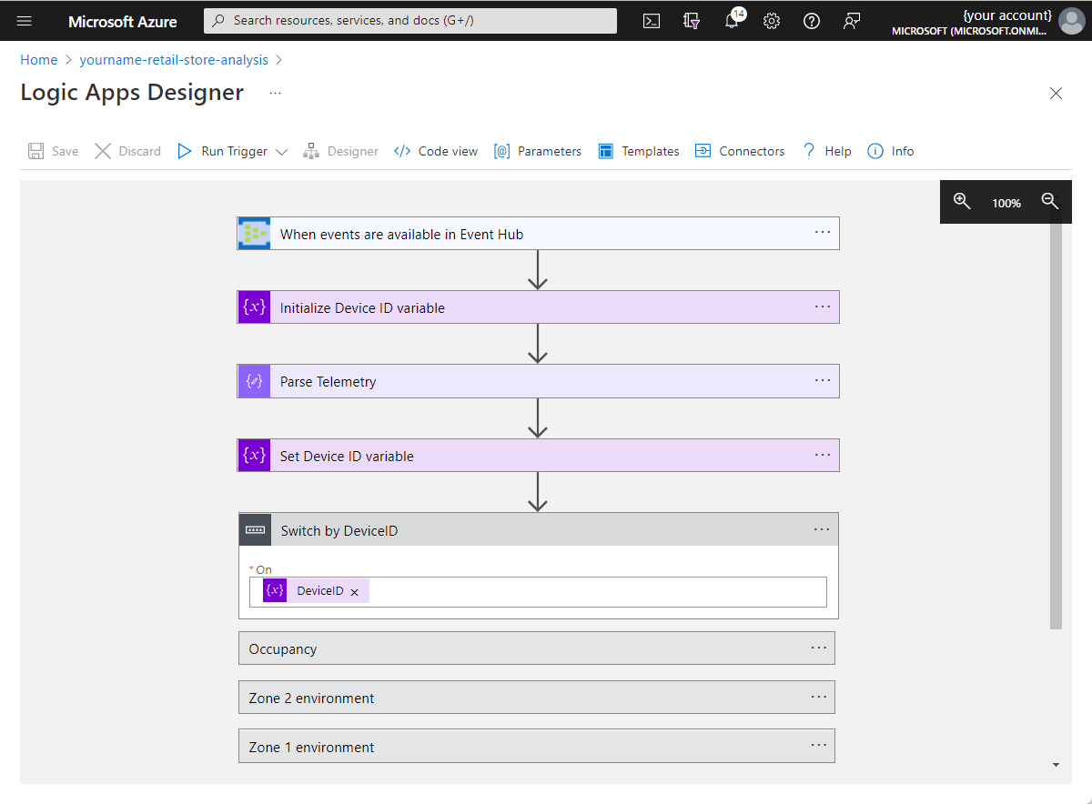 Snímek obrazovky návrháře Logic Apps v Azure Portal s počáteční aplikací logiky
