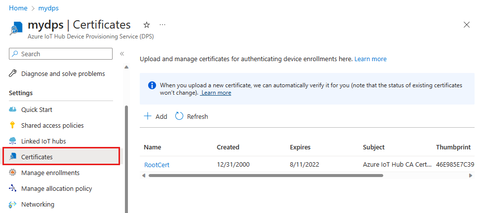 Snímek obrazovky se stránkou certifikátů
