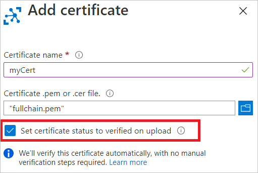 Snímek obrazovky znázorňující nahrání certifikátu a nastavení stavu pro ověření