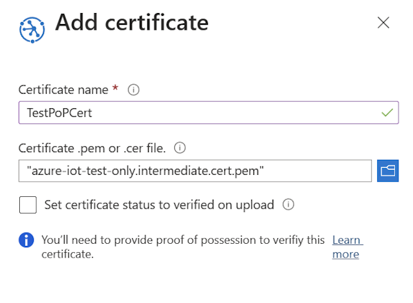 Snímek obrazovky znázorňující nahrání certifikátu bez automatického ověření