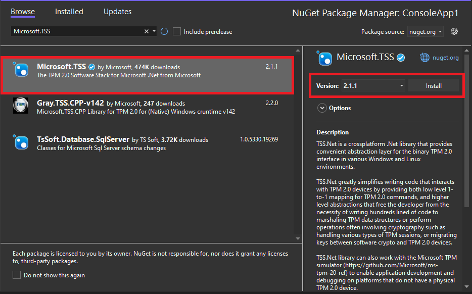 Snímek obrazovky znázorňující přidání balíčků NuGet sady Visual Studio