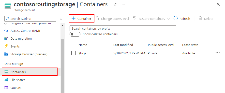 Snímek obrazovky s vytvořením kontejneru úložiště