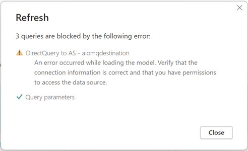 Snímek obrazovky Power BI znázorňující chybu s názvem DirectQuery pro AS – quickStartDataset