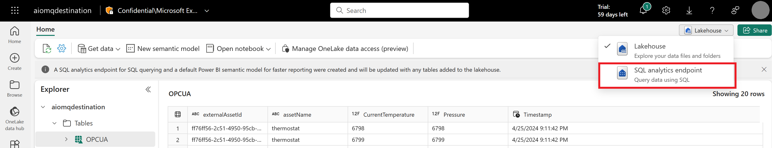 Snímek obrazovky se službou Fabric Lakehouse zobrazující možnost koncového bodu analýzy SQL