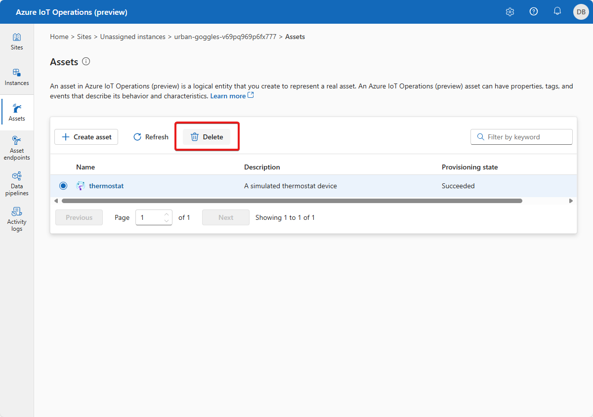 Snímek obrazovky, který ukazuje, jak odstranit prostředek z portálu Azure IoT Operations (Preview).