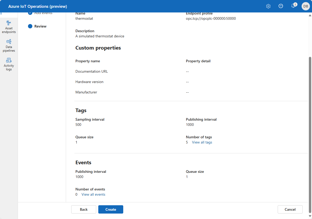 Snímek obrazovky, který ukazuje, jak zkontrolovat prostředek, značky a události na portálu Azure IoT Operations (Preview).