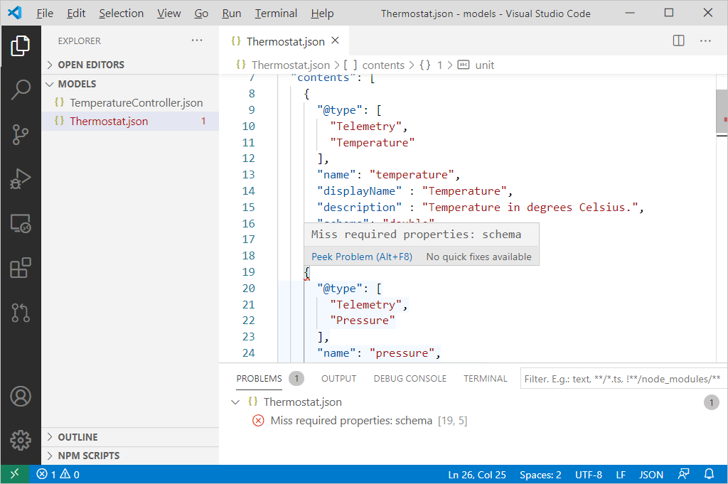 Snímek obrazovky znázorňující ověření modelu DTDL ve VS Code