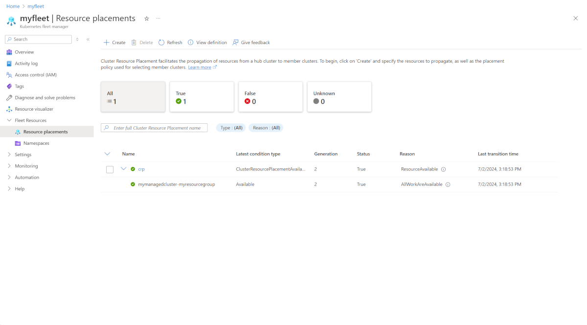 Snímek obrazovky s podoknem webu Azure Portal pro umístění prostředků clusteru zobrazující úspěšně vytvořené umístění prostředků clusteru