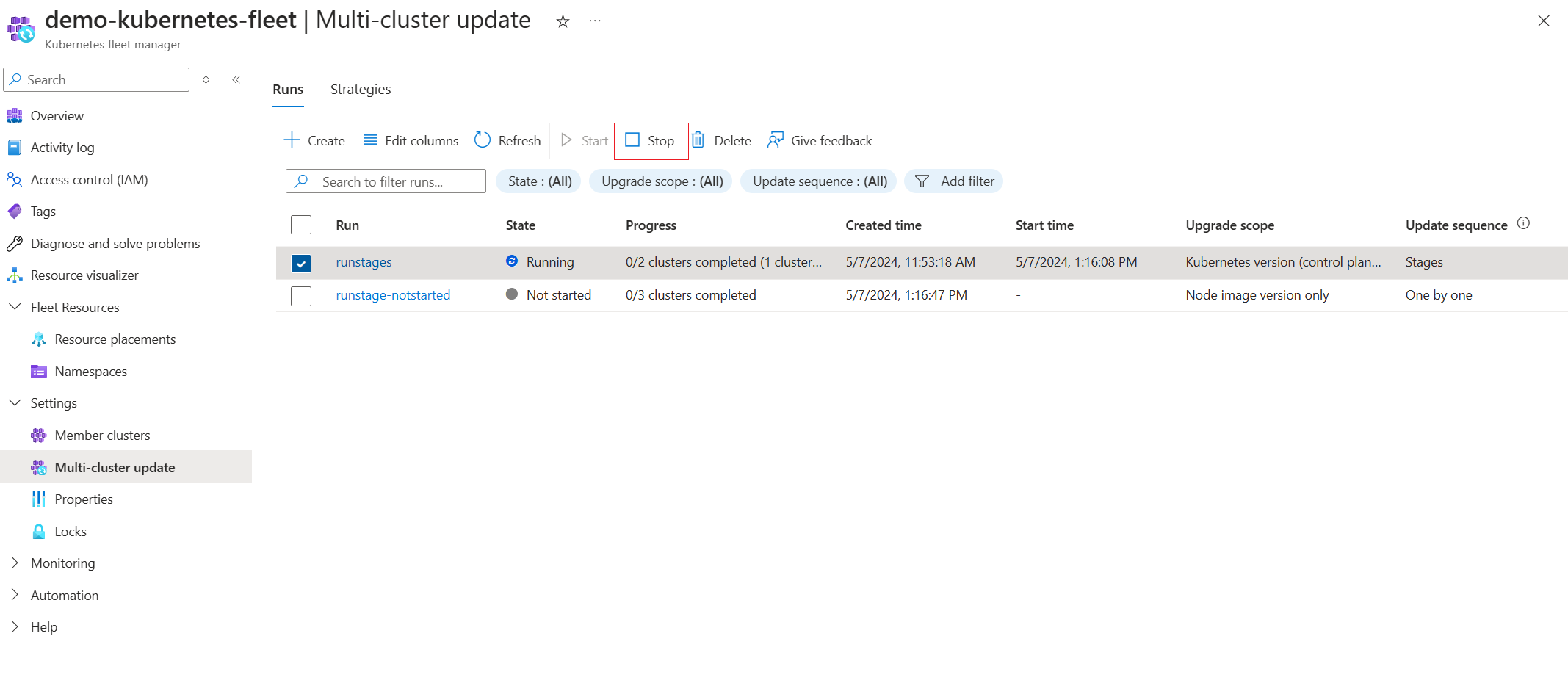 Snímek obrazovky webu Azure Portal znázorňující, jak zastavit spuštění aktualizace ve stavu Spuštěno
