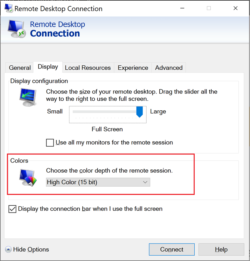 Snímek obrazovky s kartou zobrazení klienta Windows R D P a zvýrazněním nastavení hloubky barvy