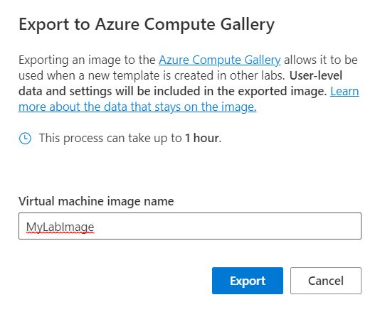 Dialog Export do Azure Compute Gallery
