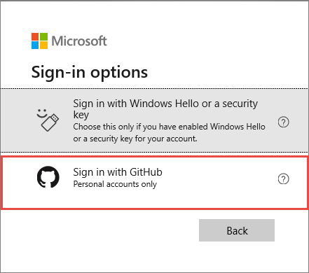 Snímek obrazovky s oknem možností přihlášení Microsoftu a zvýrazněnou možností přihlášení pomocí GitHubu