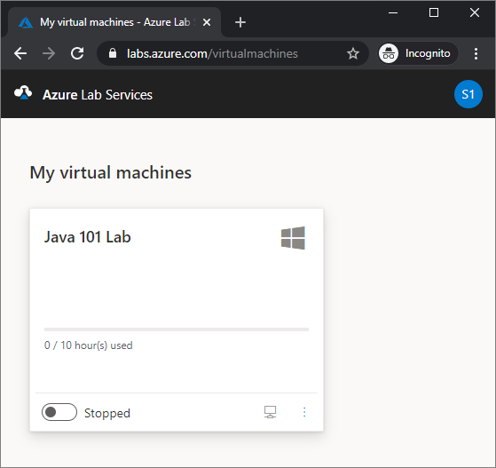 Snímek obrazovky se stránkou Moje virtuální počítače na portálu Azure Lab Services