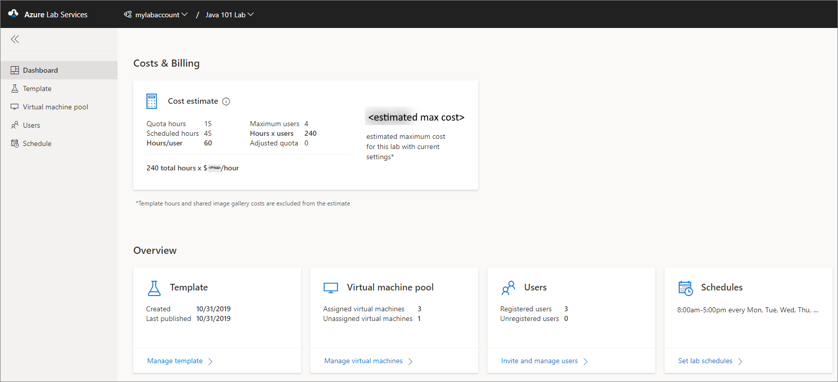 Snímek obrazovky ukazuje zobrazení řídicího panelu testovacího prostředí ve službě Azure Lab Services