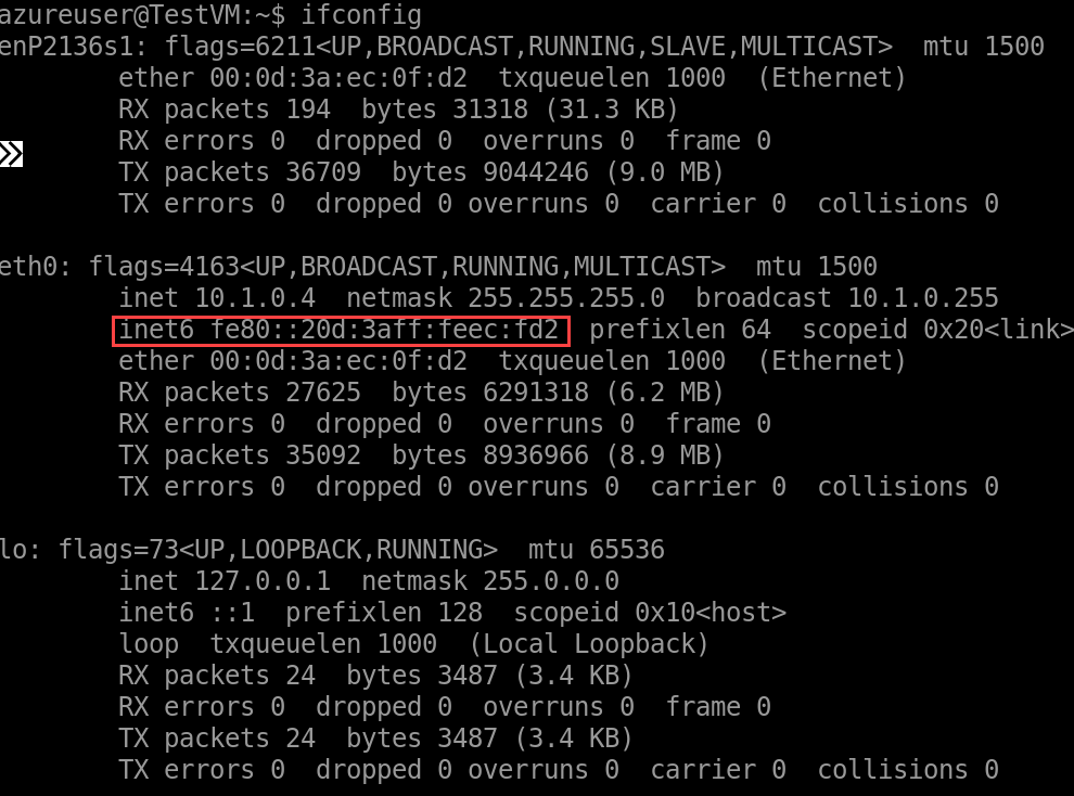 Snímek obrazovky ifconfig zobrazující IP adresu IPv6