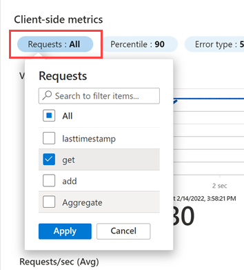 Snímek obrazovky s filtrem požadavků na straně klienta, který umožňuje filtrovat konkrétní žádosti aplikací