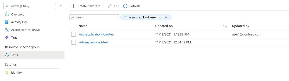 Snímek obrazovky se seznamem testů pro prostředek Azure Load Testing
