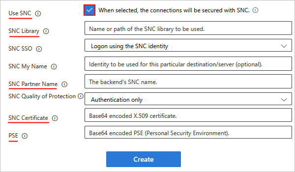 Snímek obrazovky znázorňující nastavení připojení SAP s povoleným SNC pro ISE