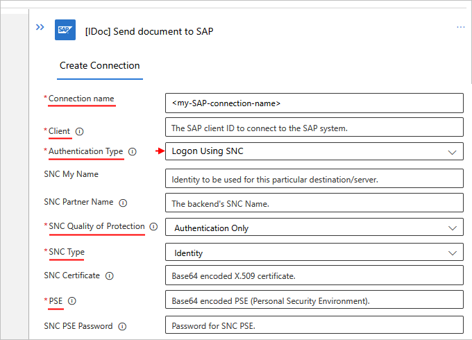 Snímek obrazovky znázorňující předdefinovaná nastavení připojení SAP pro pracovní postup standardu s povoleným SNC